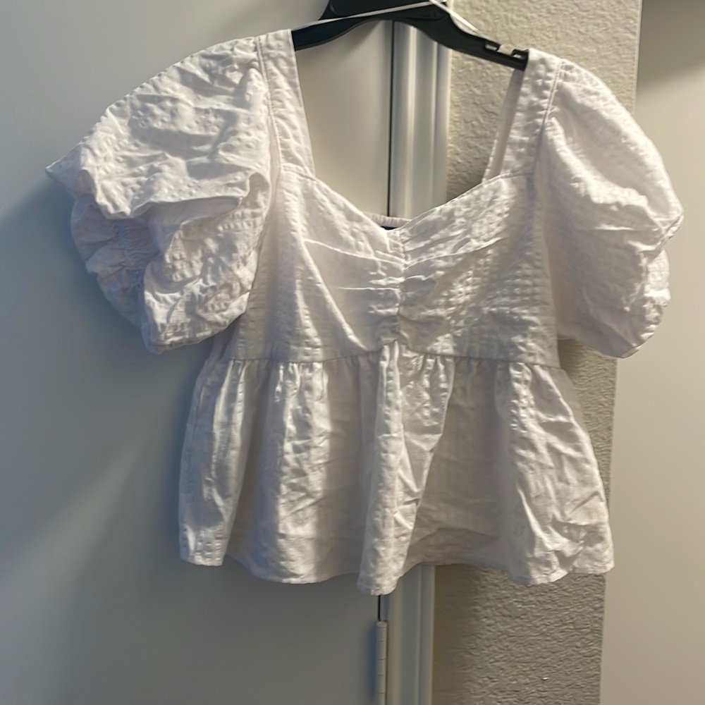New without tag. White Puff-Sleeve Smocked Babydoll Blouse